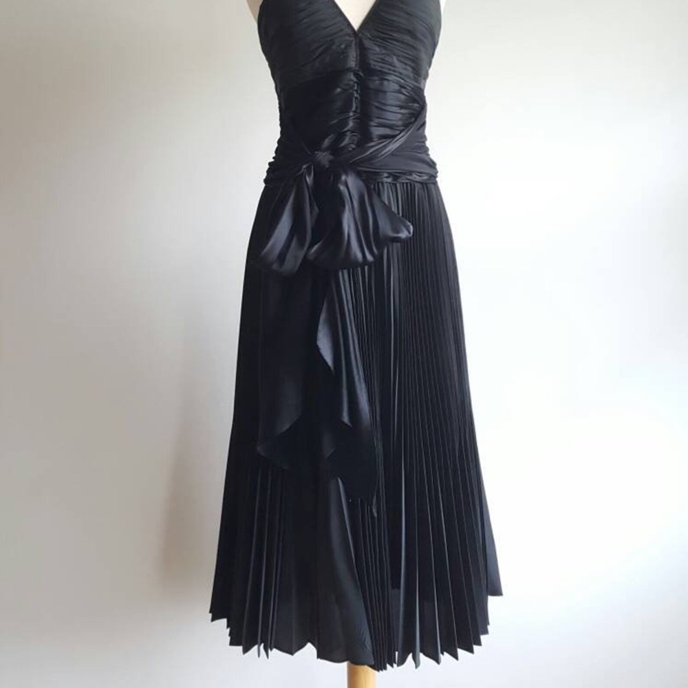NWT Black silk halter ruched pleated cocktail dress